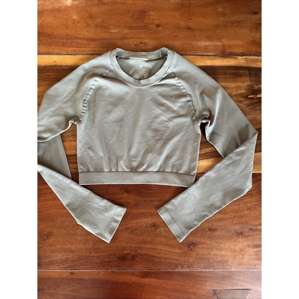 NUX Active Long Sleeve Workout Crop Top Yoga Running Fitted Size M, Olive - Picture 9 of 11